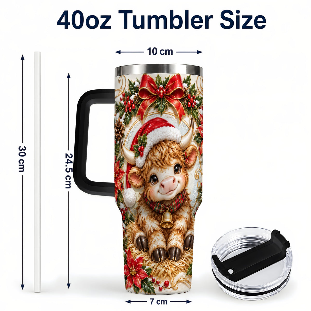 #pl[40oz|Black] Christmas Highland Cow 40oz Tumbler with Handle, Poinsettia Travel Cup