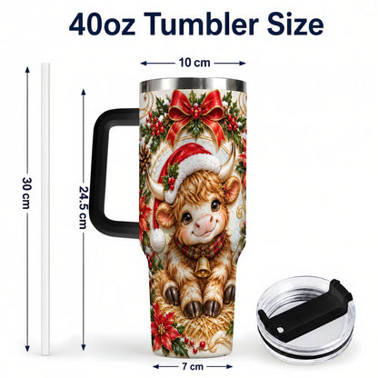 #pl[40oz|Black] Christmas Highland Cow 40oz Tumbler with Handle, Poinsettia Travel Cup