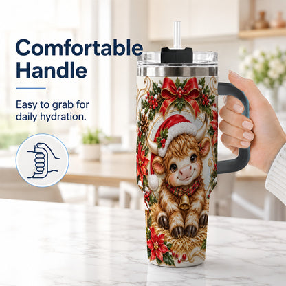 #pl[40oz|Black] Christmas Highland Cow 40oz Tumbler with Handle, Poinsettia Travel Cup