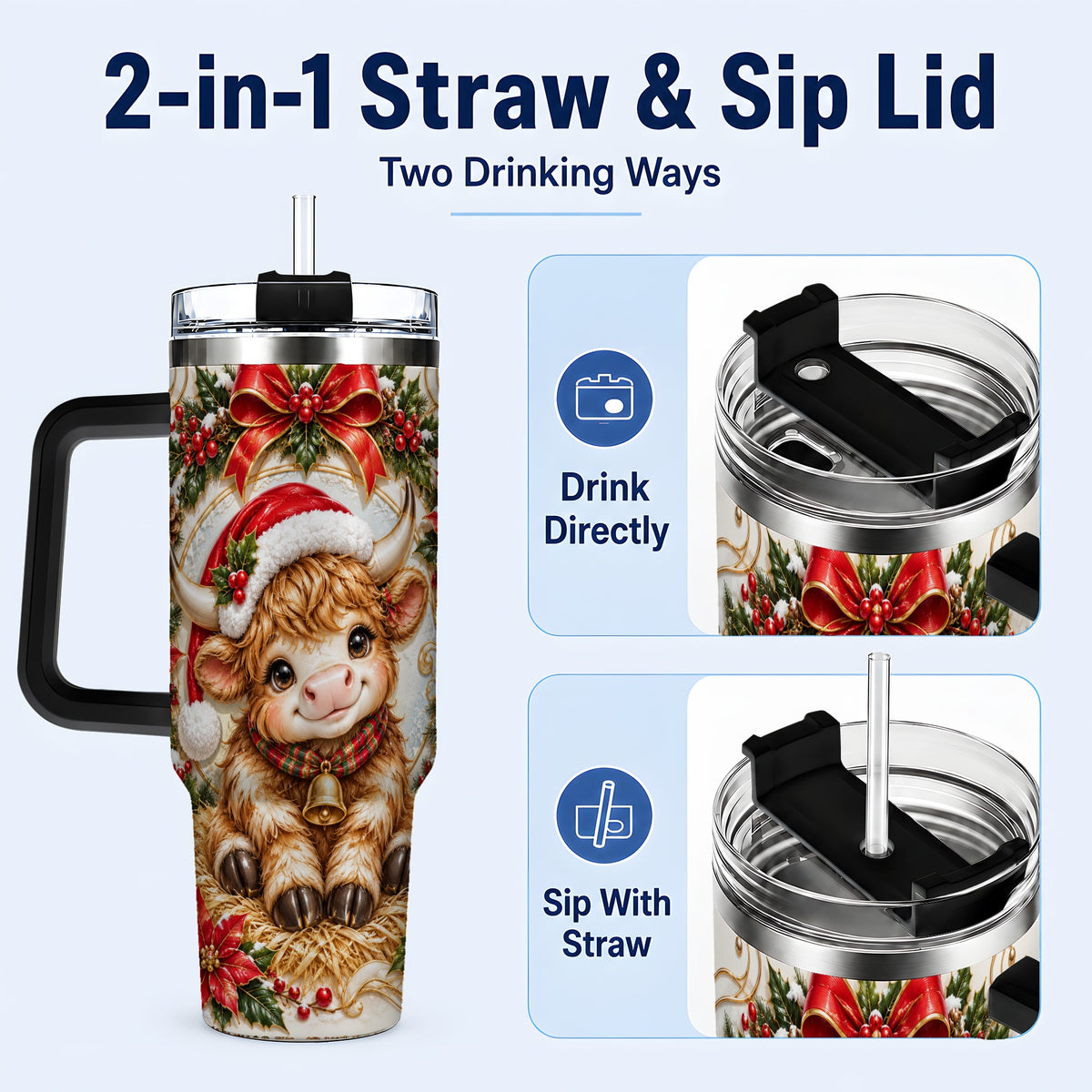 #pl[40oz|Black] Christmas Highland Cow 40oz Tumbler with Handle, Poinsettia Travel Cup