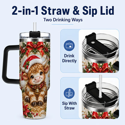 #pl[40oz|Black] Christmas Highland Cow 40oz Tumbler with Handle, Poinsettia Travel Cup