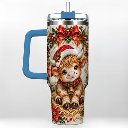 #pl[40oz|Blue] Christmas Highland Cow 40oz Tumbler with Handle, Poinsettia Travel Cup