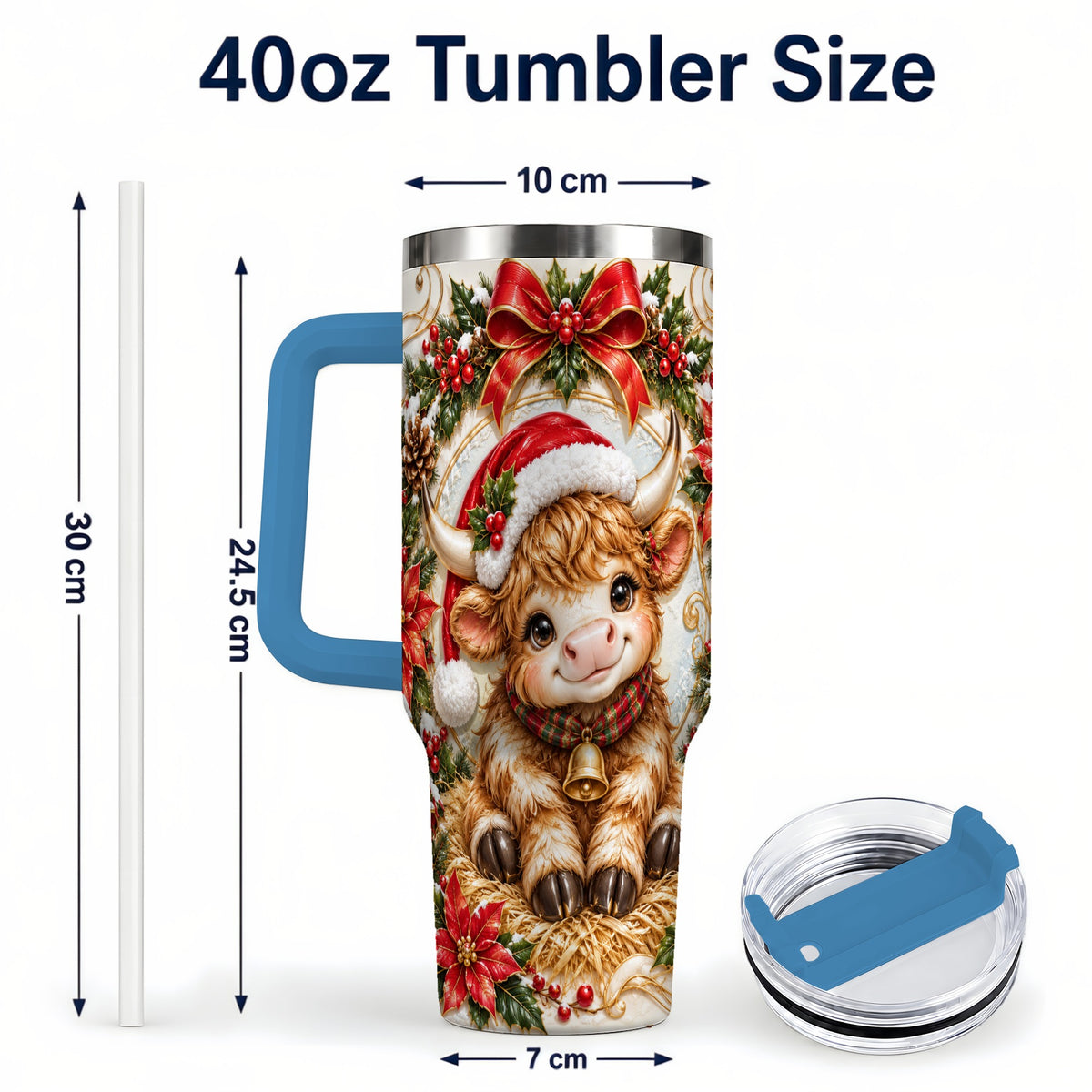#pl[40oz|Blue] Christmas Highland Cow 40oz Tumbler with Handle, Poinsettia Travel Cup