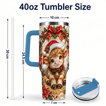 #pl[40oz|Blue] Christmas Highland Cow 40oz Tumbler with Handle, Poinsettia Travel Cup