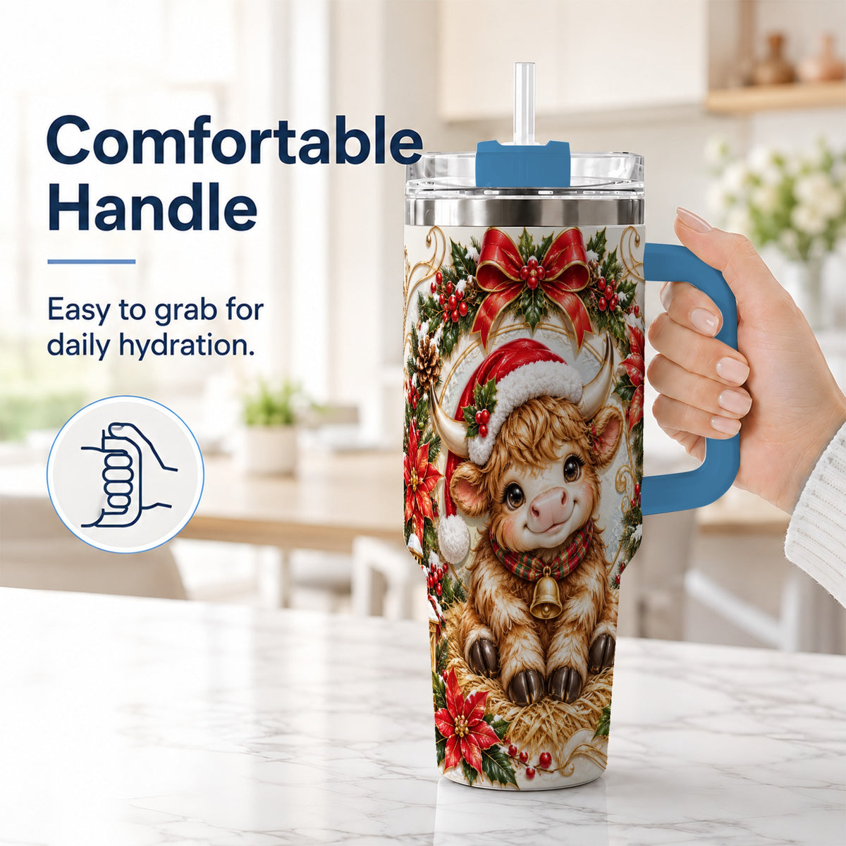 #pl[40oz|Blue] Christmas Highland Cow 40oz Tumbler with Handle, Poinsettia Travel Cup