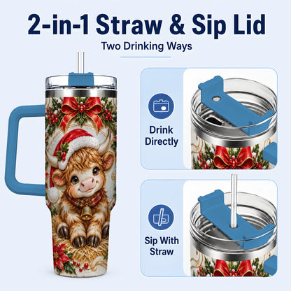 #pl[40oz|Blue] Christmas Highland Cow 40oz Tumbler with Handle, Poinsettia Travel Cup