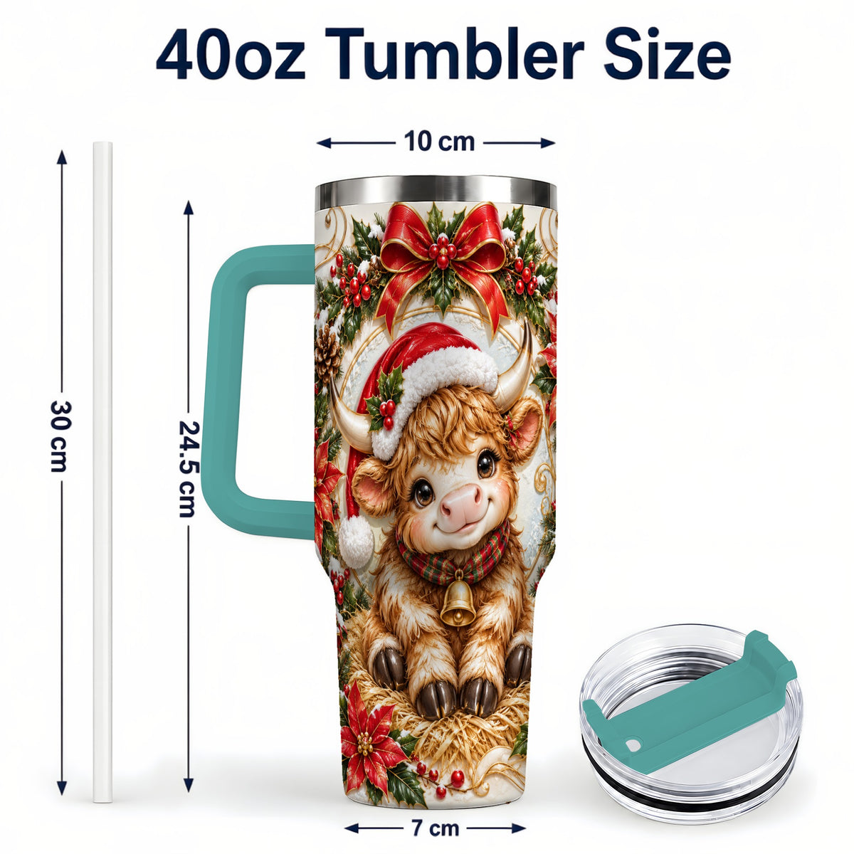 #pl[40oz|Green] Christmas Highland Cow 40oz Tumbler with Handle, Poinsettia Travel Cup