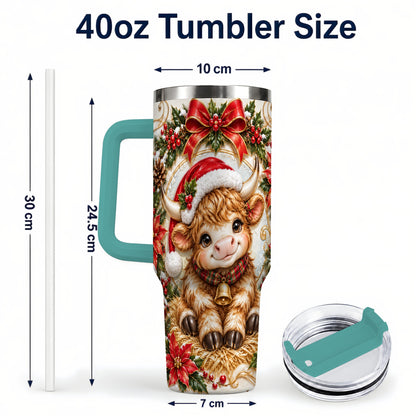 #pl[40oz|Green] Christmas Highland Cow 40oz Tumbler with Handle, Poinsettia Travel Cup