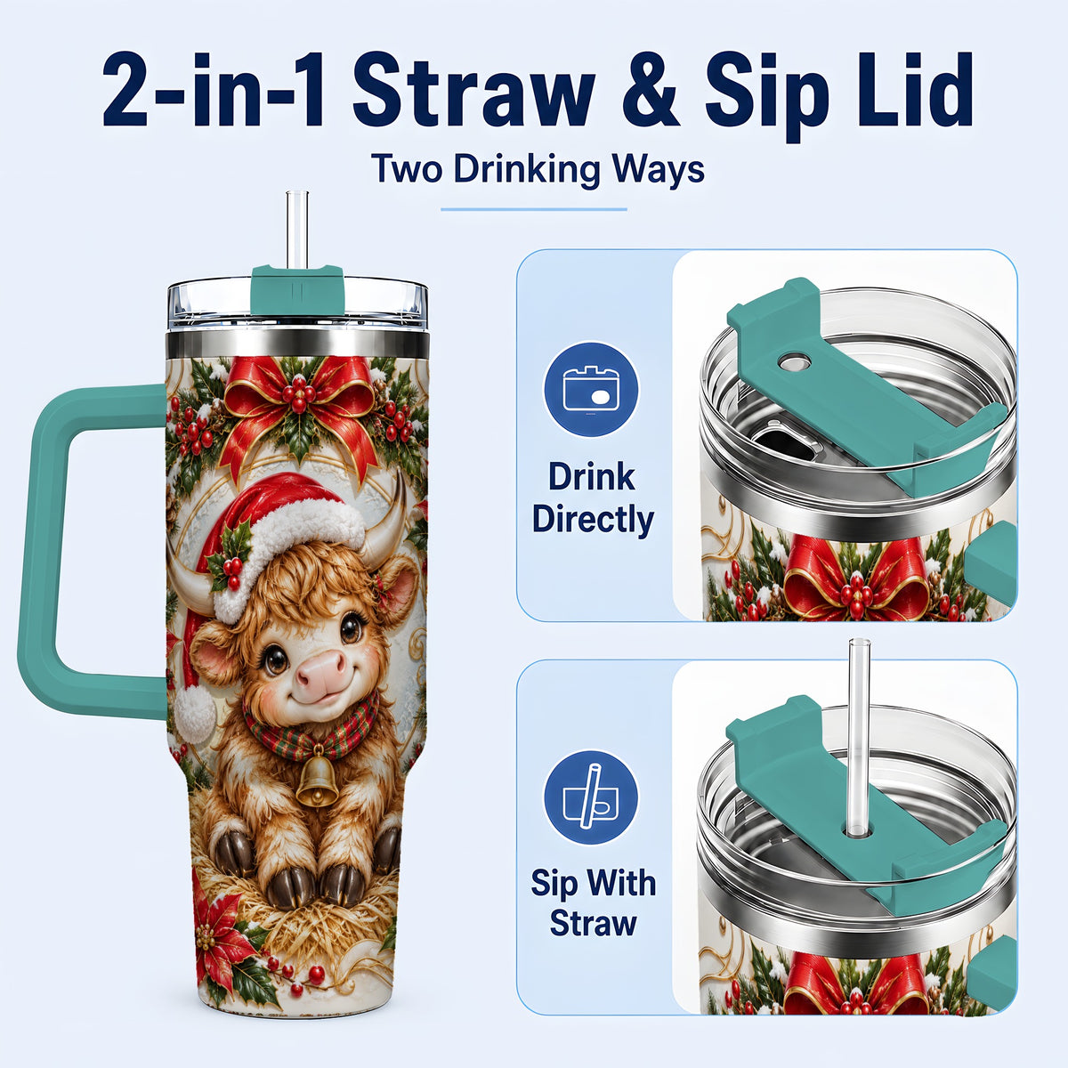 #pl[40oz|Green] Christmas Highland Cow 40oz Tumbler with Handle, Poinsettia Travel Cup