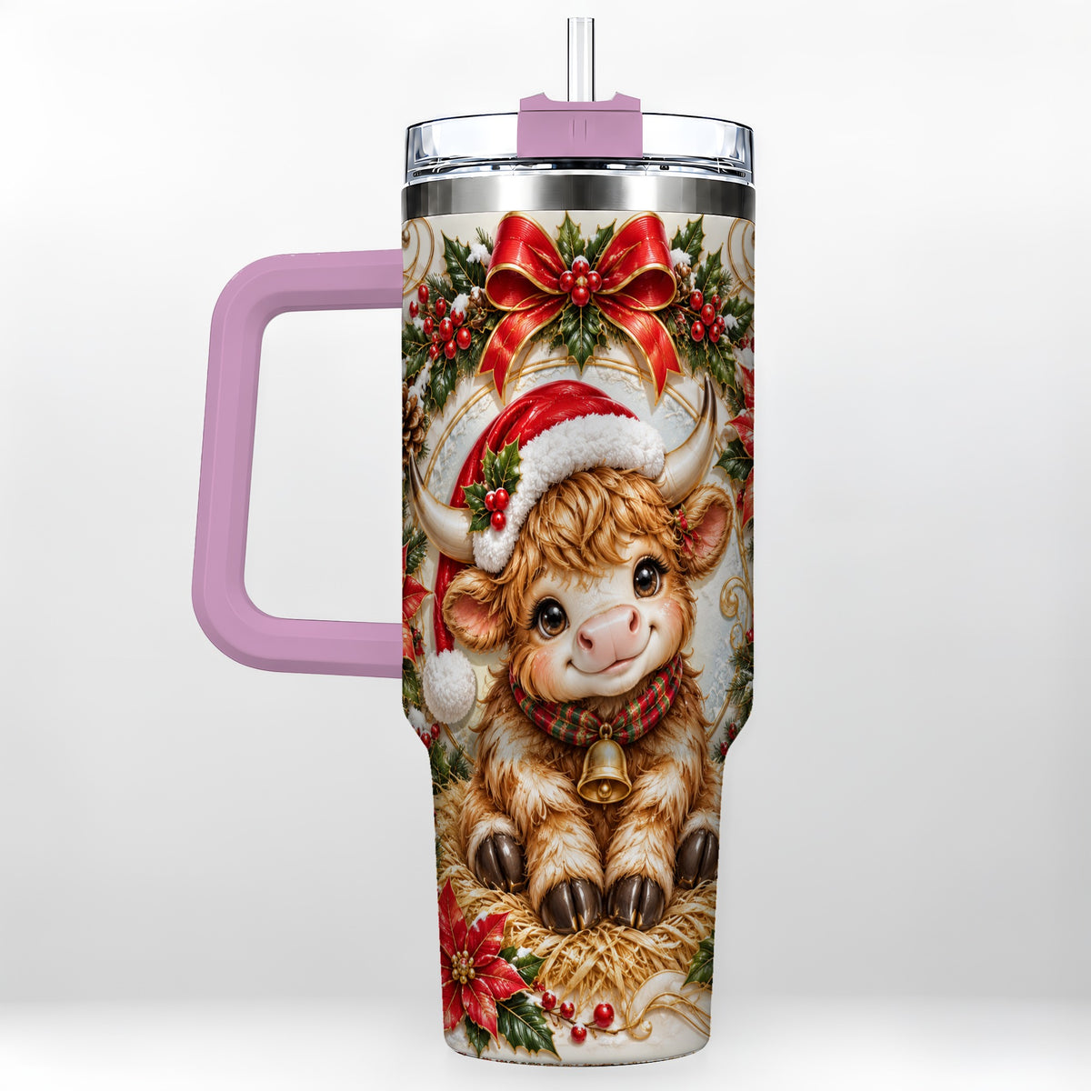 #pl[40oz|Pink] Christmas Highland Cow 40oz Tumbler with Handle, Poinsettia Travel Cup