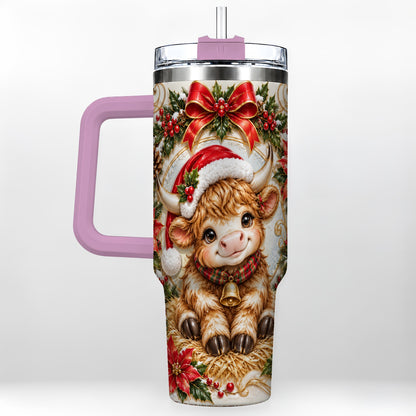 #pl[40oz|Pink] Christmas Highland Cow 40oz Tumbler with Handle, Poinsettia Travel Cup