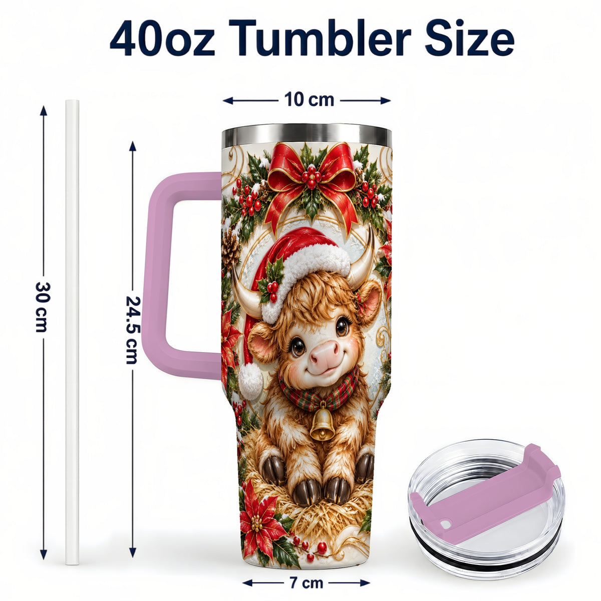 #pl[40oz|Pink] Christmas Highland Cow 40oz Tumbler with Handle, Poinsettia Travel Cup