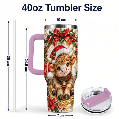 #pl[40oz|Pink] Christmas Highland Cow 40oz Tumbler with Handle, Poinsettia Travel Cup