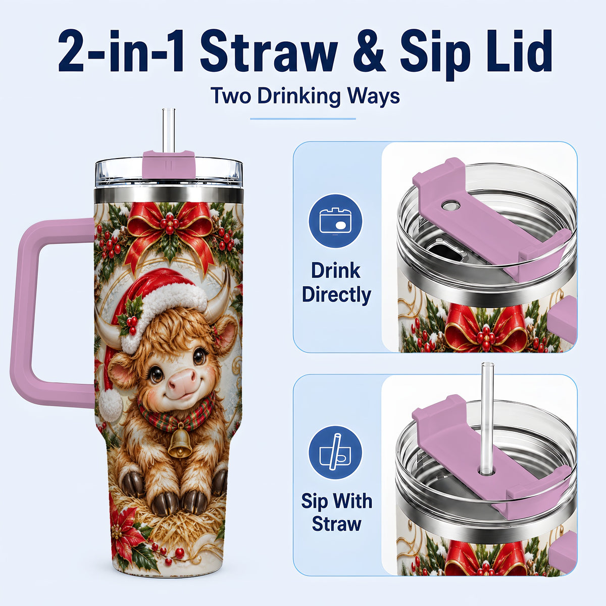 #pl[40oz|Pink] Christmas Highland Cow 40oz Tumbler with Handle, Poinsettia Travel Cup