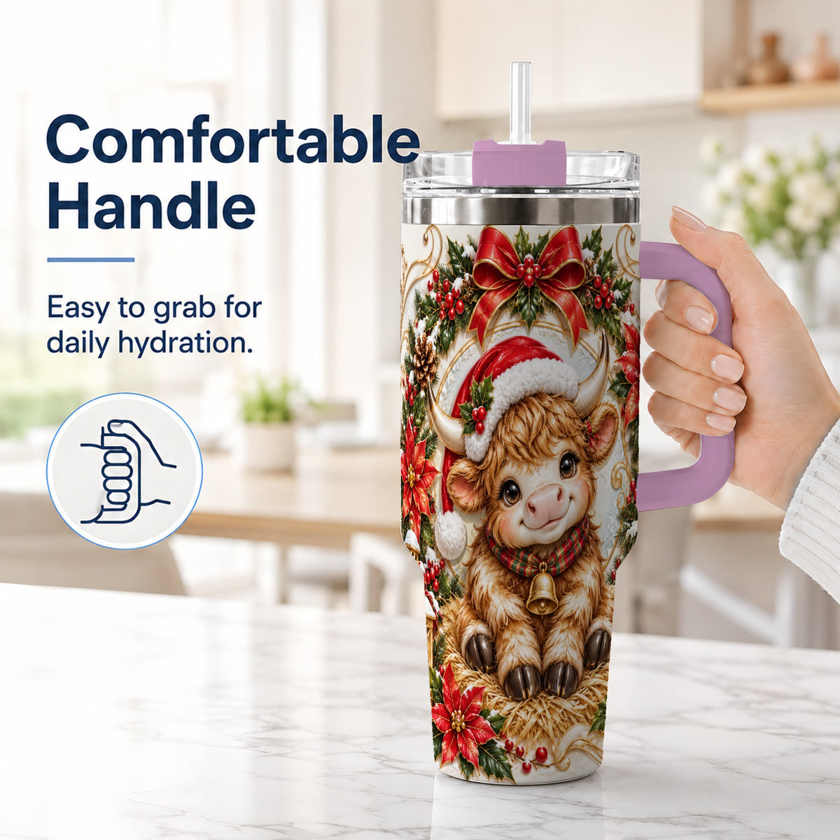 #pl[40oz|Pink] Christmas Highland Cow 40oz Tumbler with Handle, Poinsettia Travel Cup