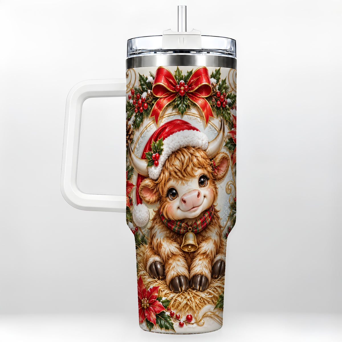 #pl[40oz|White] Christmas Highland Cow 40oz Tumbler with Handle, Poinsettia Travel Cup