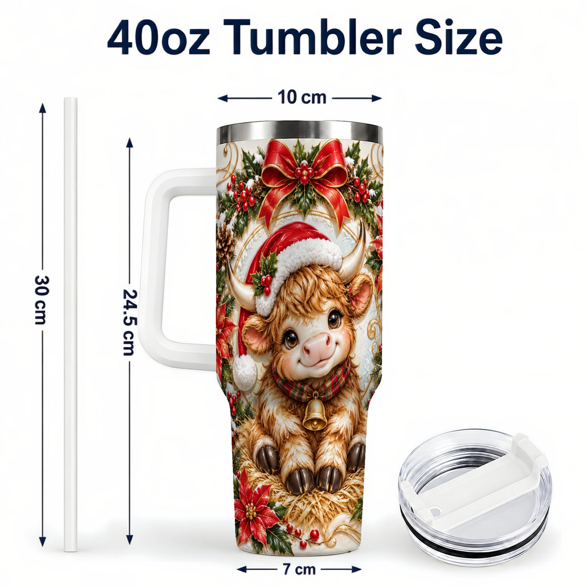 #pl[40oz|White] Christmas Highland Cow 40oz Tumbler with Handle, Poinsettia Travel Cup