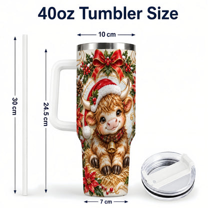 #pl[40oz|White] Christmas Highland Cow 40oz Tumbler with Handle, Poinsettia Travel Cup