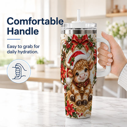 #pl[40oz|White] Christmas Highland Cow 40oz Tumbler with Handle, Poinsettia Travel Cup