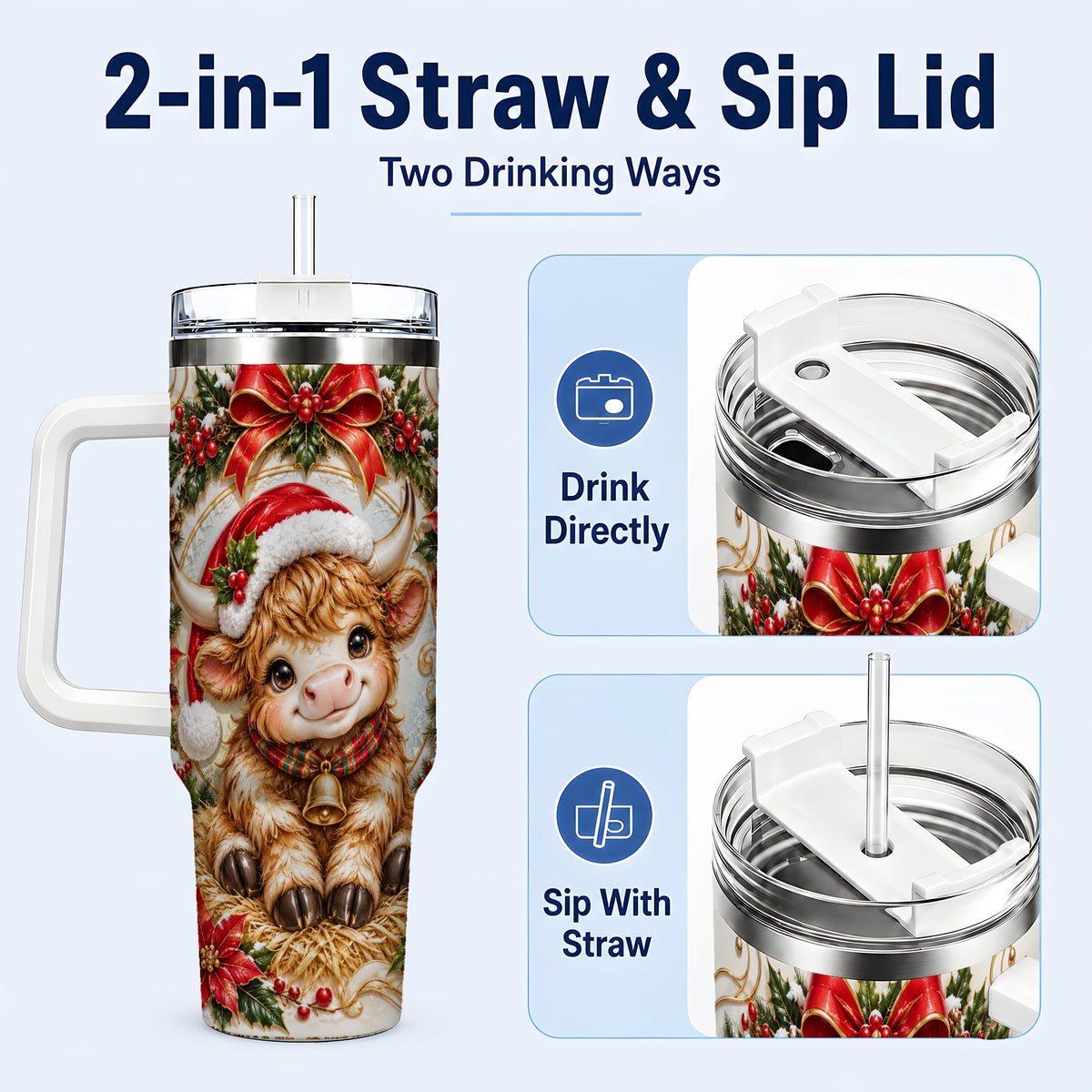 #pl[40oz|White] Christmas Highland Cow 40oz Tumbler with Handle, Poinsettia Travel Cup