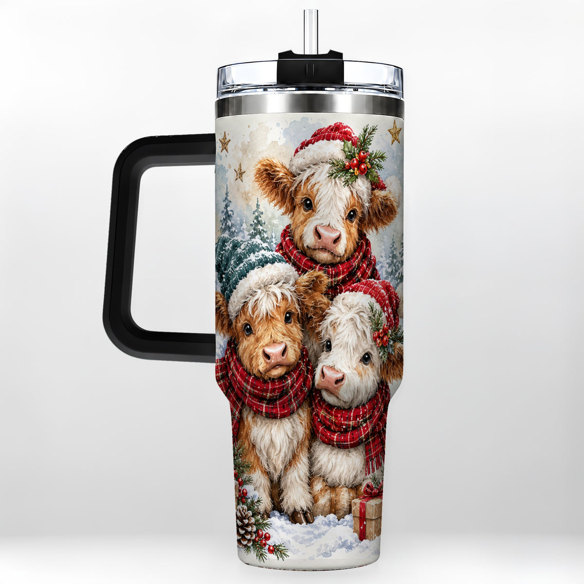 #pl[40oz|Black] Christmas Highland Cow 40oz Tumbler with Handle, Winter Calves