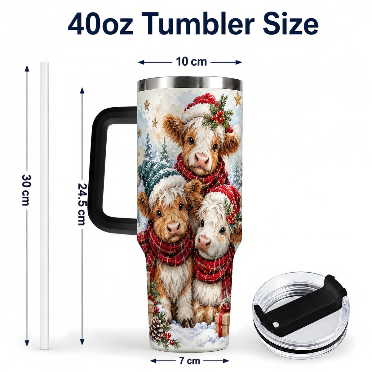 #pl[40oz|Black] Christmas Highland Cow 40oz Tumbler with Handle, Winter Calves