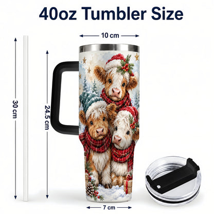 #pl[40oz|Black] Christmas Highland Cow 40oz Tumbler with Handle, Winter Calves
