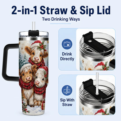 #pl[40oz|Black] Christmas Highland Cow 40oz Tumbler with Handle, Winter Calves