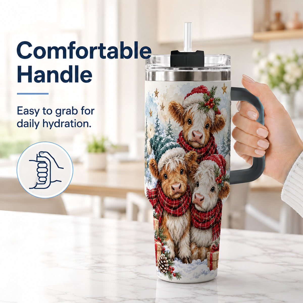 #pl[40oz|Black] Christmas Highland Cow 40oz Tumbler with Handle, Winter Calves