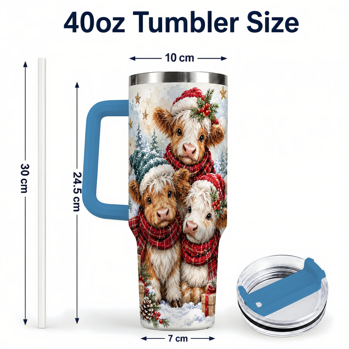 #pl[40oz|Blue] Christmas Highland Cow 40oz Tumbler with Handle, Winter Calves