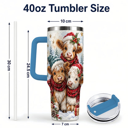 #pl[40oz|Blue] Christmas Highland Cow 40oz Tumbler with Handle, Winter Calves