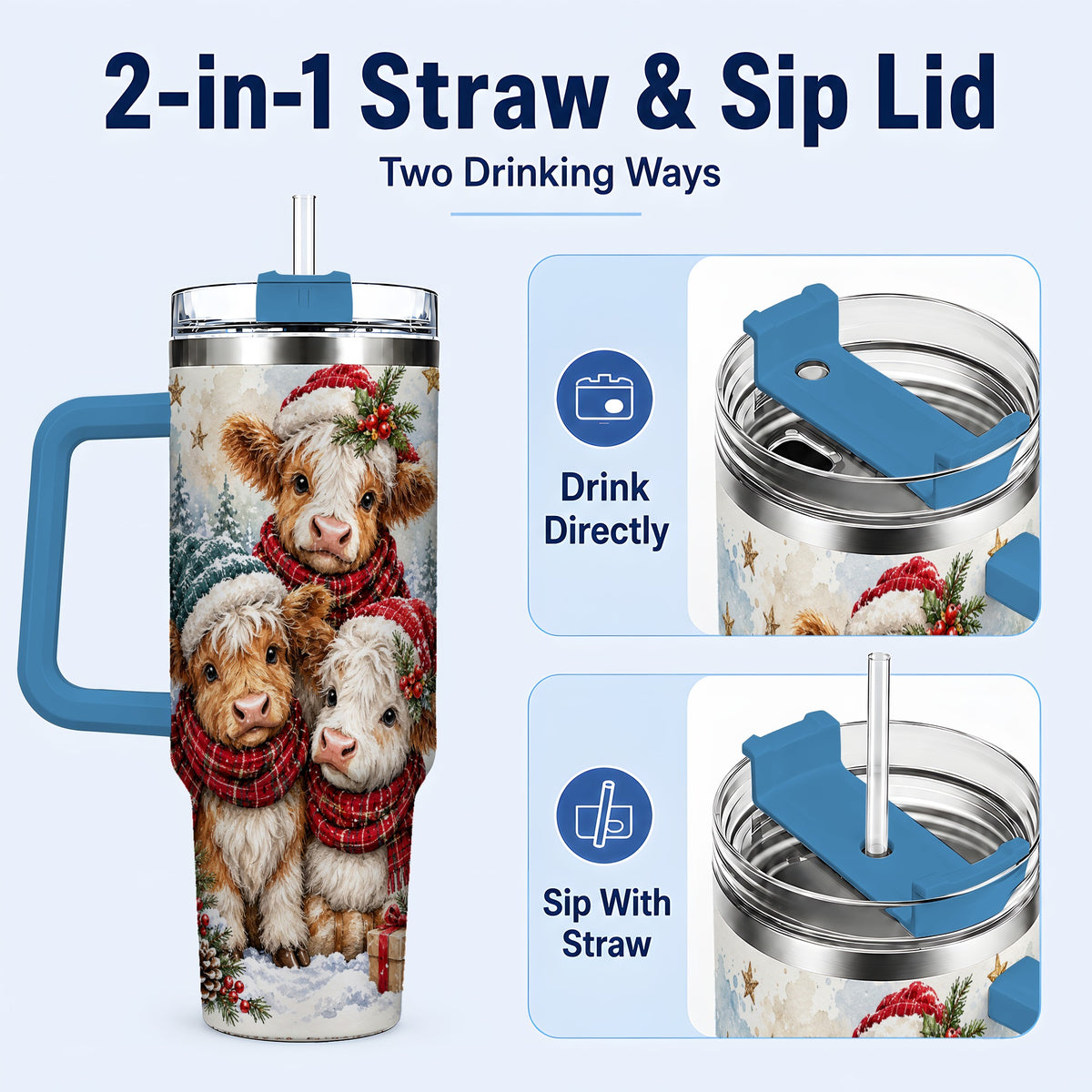 #pl[40oz|Blue] Christmas Highland Cow 40oz Tumbler with Handle, Winter Calves