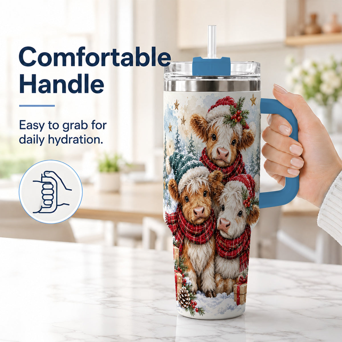 #pl[40oz|Blue] Christmas Highland Cow 40oz Tumbler with Handle, Winter Calves