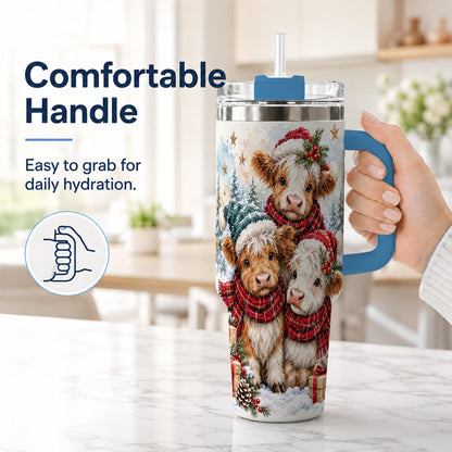 #pl[40oz|Blue] Christmas Highland Cow 40oz Tumbler with Handle, Winter Calves
