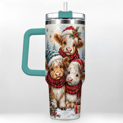 #pl[40oz|Green] Christmas Highland Cow 40oz Tumbler with Handle, Winter Calves