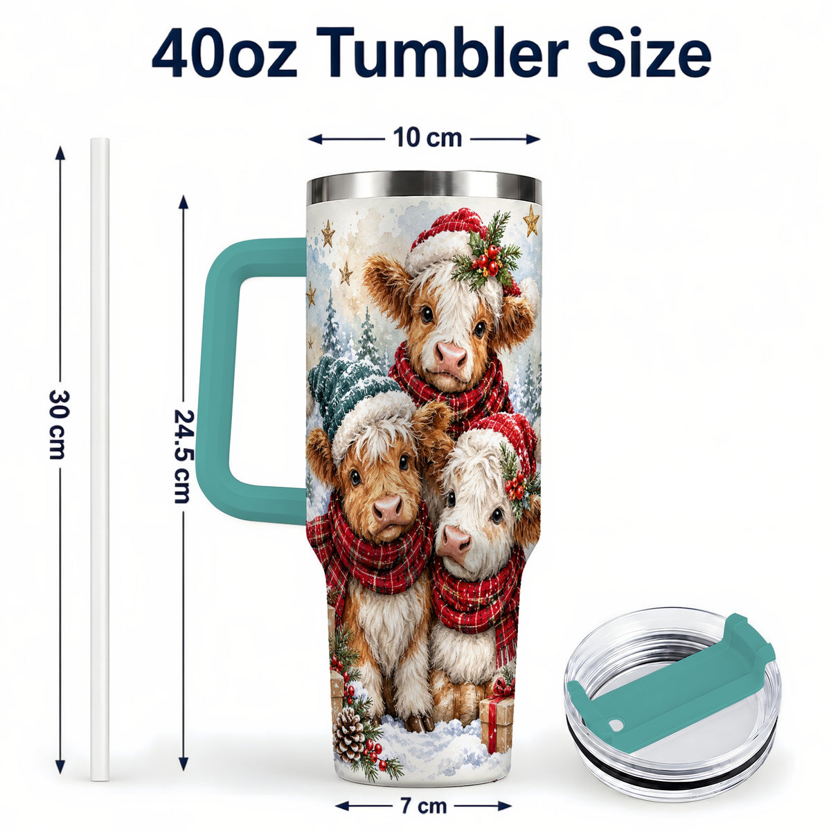 #pl[40oz|Green] Christmas Highland Cow 40oz Tumbler with Handle, Winter Calves