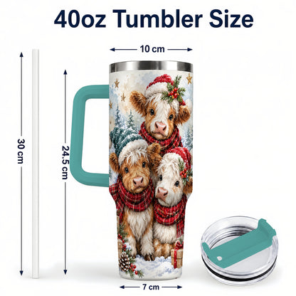 #pl[40oz|Green] Christmas Highland Cow 40oz Tumbler with Handle, Winter Calves