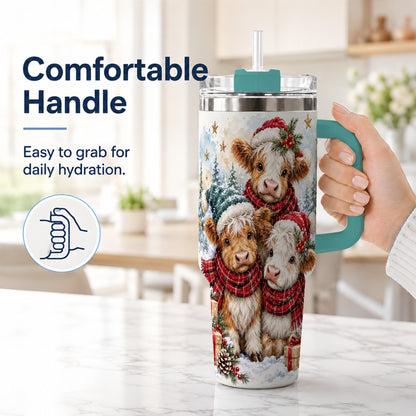 #pl[40oz|Green] Christmas Highland Cow 40oz Tumbler with Handle, Winter Calves