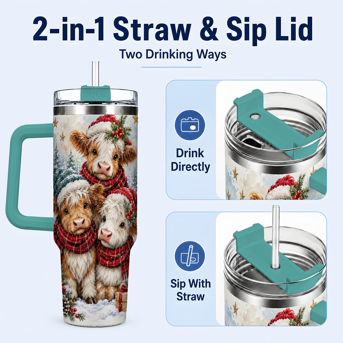 #pl[40oz|Green] Christmas Highland Cow 40oz Tumbler with Handle, Winter Calves