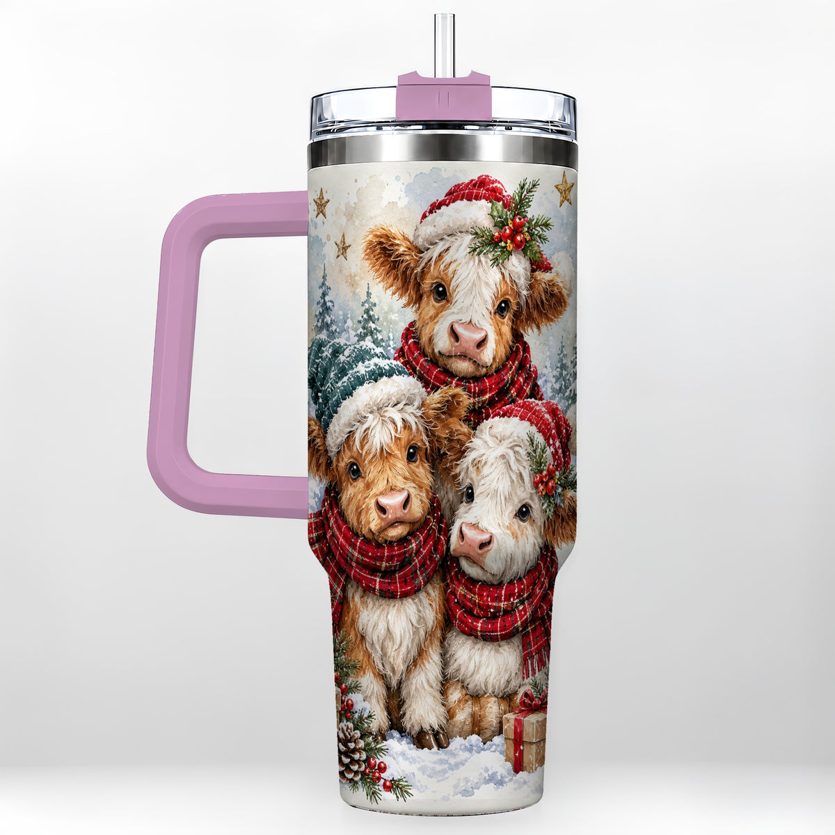 #pl[40oz|Pink] Christmas Highland Cow 40oz Tumbler with Handle, Winter Calves