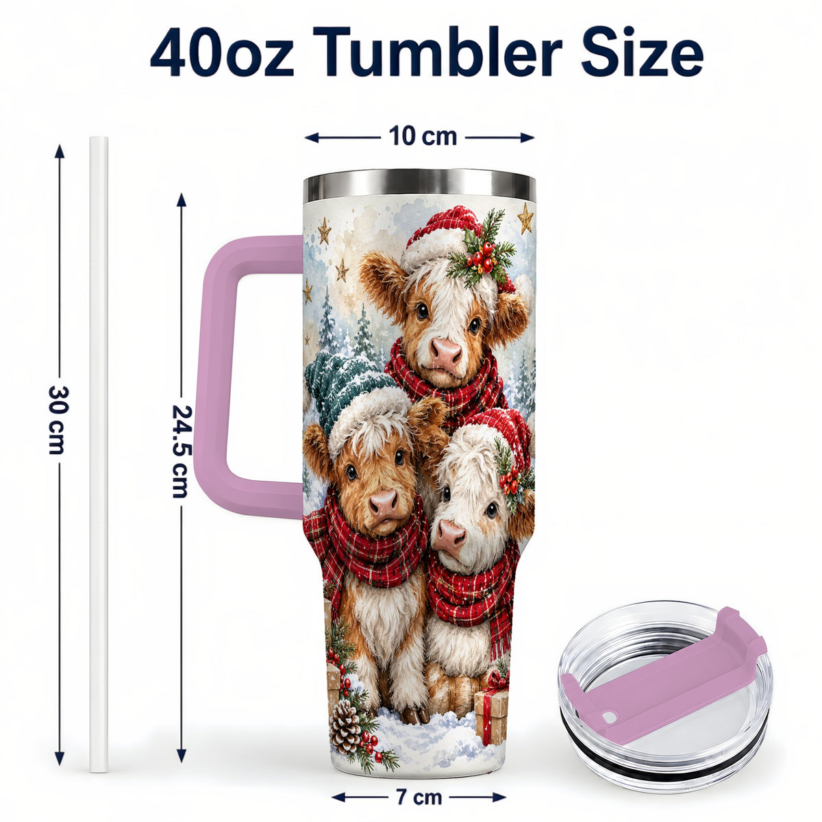 #pl[40oz|Pink] Christmas Highland Cow 40oz Tumbler with Handle, Winter Calves