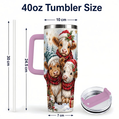 #pl[40oz|Pink] Christmas Highland Cow 40oz Tumbler with Handle, Winter Calves