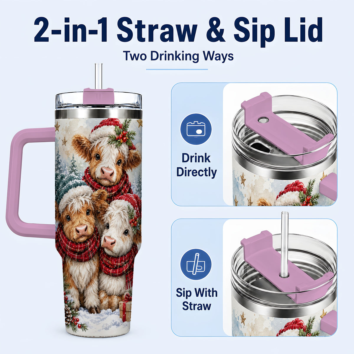 #pl[40oz|Pink] Christmas Highland Cow 40oz Tumbler with Handle, Winter Calves