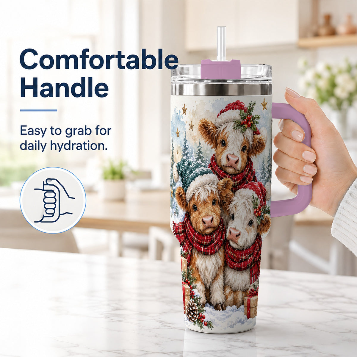 #pl[40oz|Pink] Christmas Highland Cow 40oz Tumbler with Handle, Winter Calves