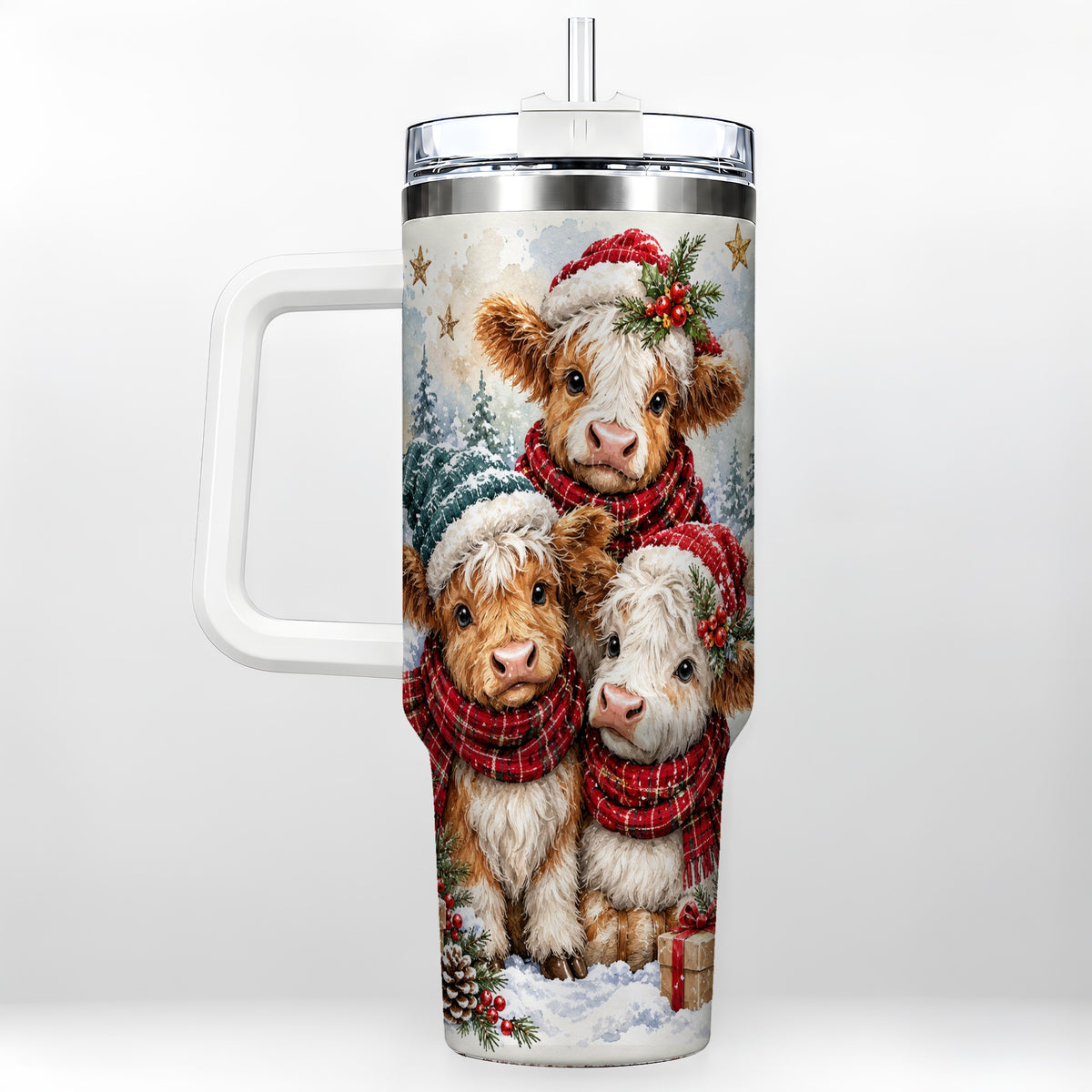 #pl[40oz|White] Christmas Highland Cow 40oz Tumbler with Handle, Winter Calves