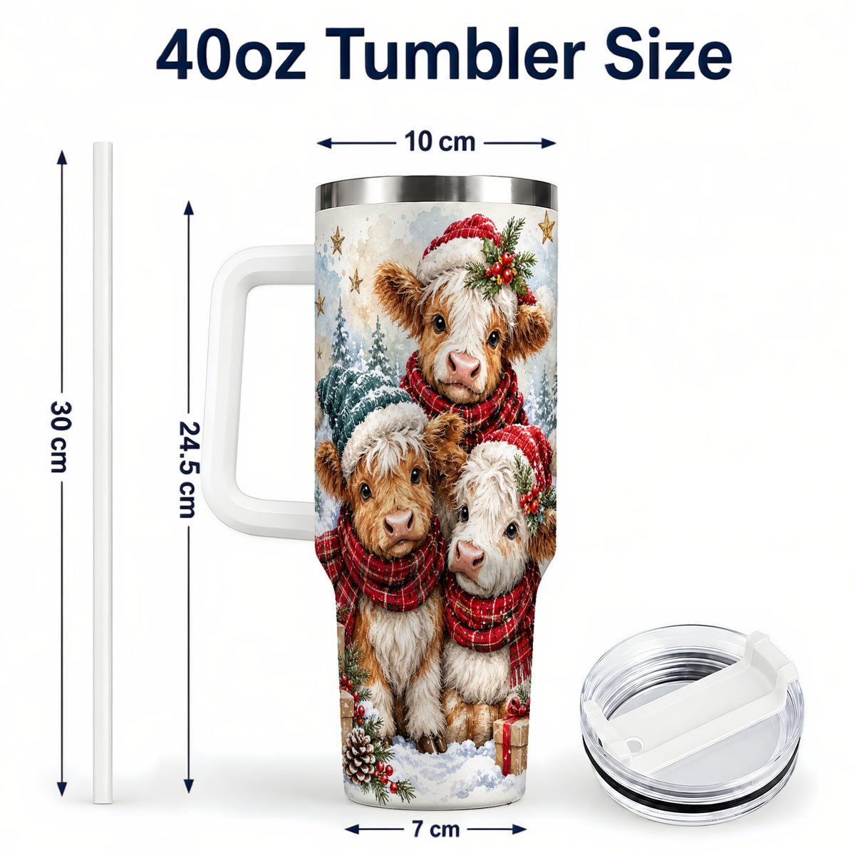 #pl[40oz|White] Christmas Highland Cow 40oz Tumbler with Handle, Winter Calves