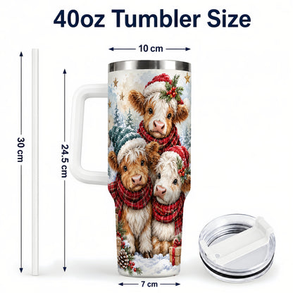 #pl[40oz|White] Christmas Highland Cow 40oz Tumbler with Handle, Winter Calves