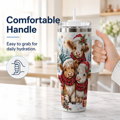 #pl[40oz|White] Christmas Highland Cow 40oz Tumbler with Handle, Winter Calves