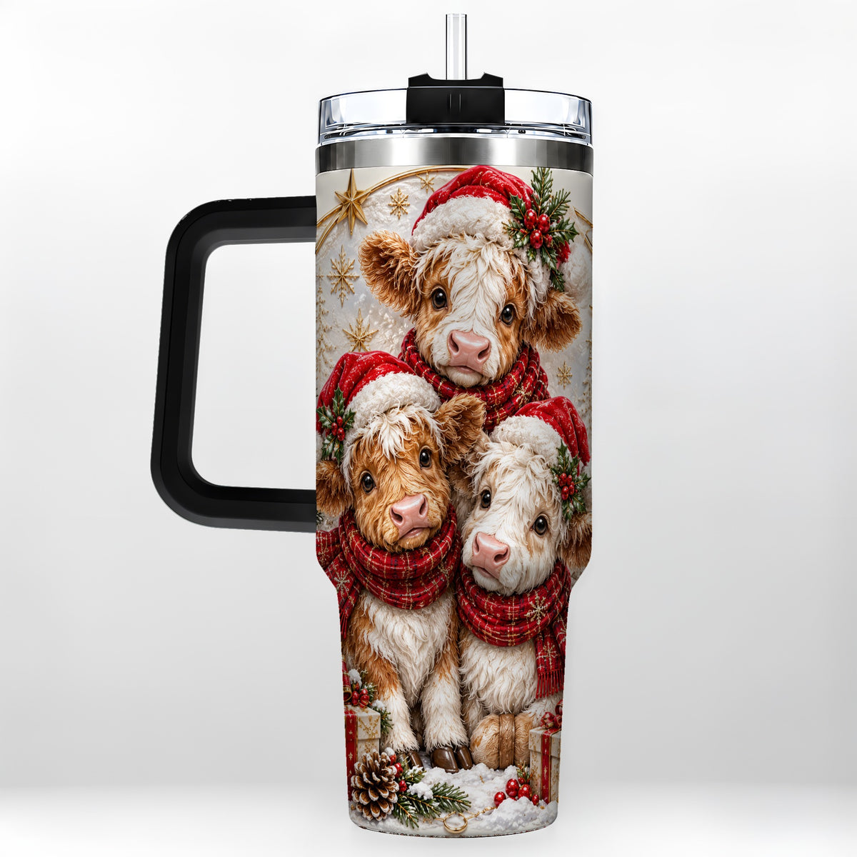 #pl[40oz|Black] Ornate Christmas Cow 40oz Tumbler with Handle, Winter Calves