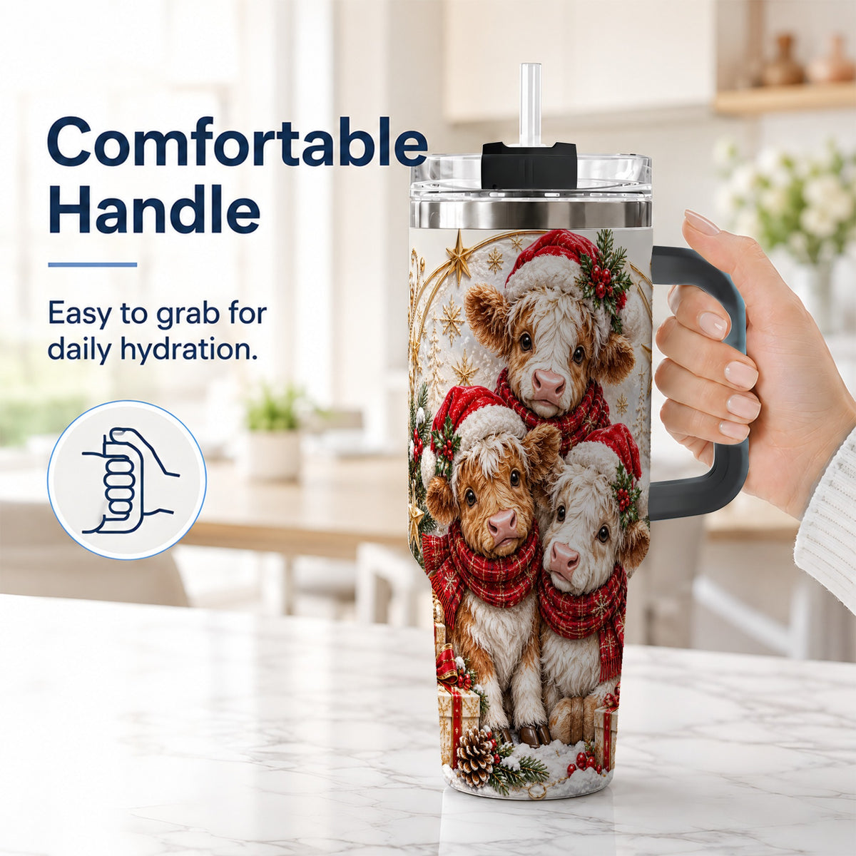 #pl[40oz|Black] Ornate Christmas Cow 40oz Tumbler with Handle, Winter Calves